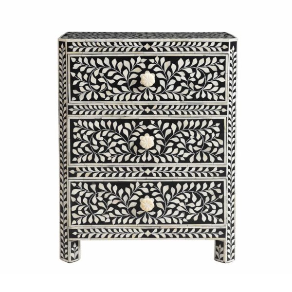 Bone Inlay Florentine 3 Drawer Bedside Table Black Resin