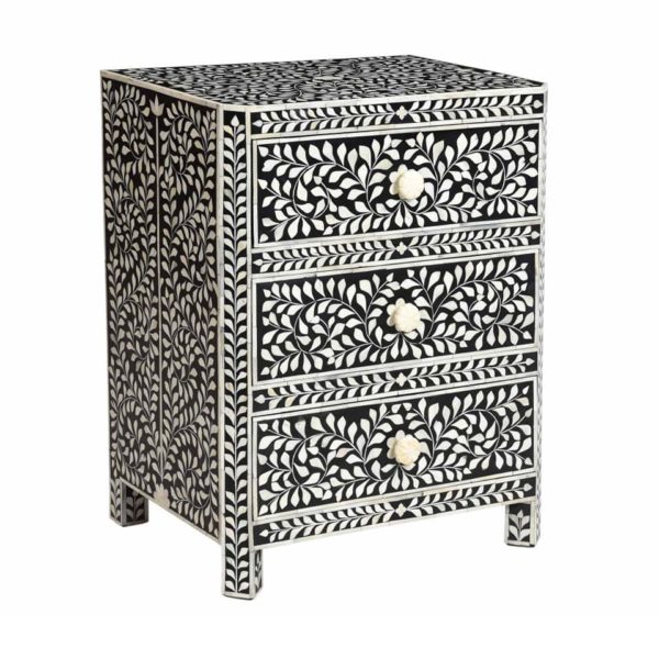 Bone Inlay Florentine 3 Drawer Bedside Table Black Resin - Image 2