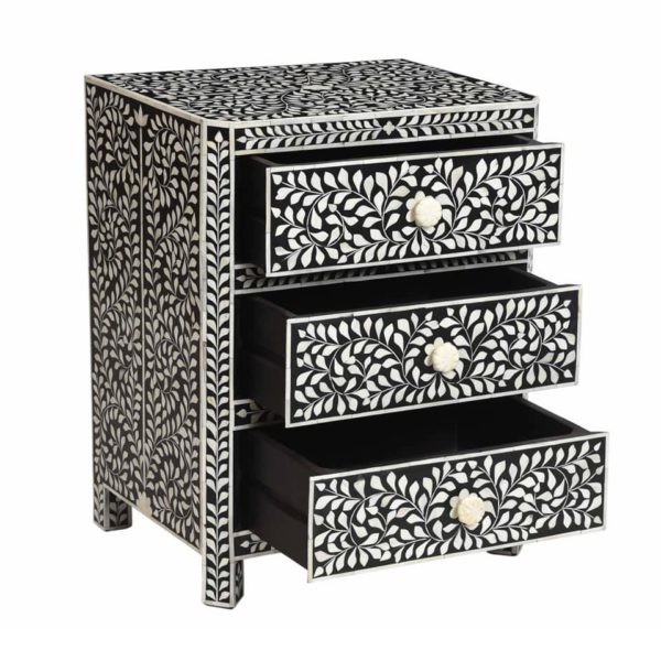 Bone Inlay Florentine 3 Drawer Bedside Table Black Resin - Image 3